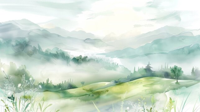 watercolor painting of a green field with majestic mountains in the background. Perfect for nature lovers and landscape enthusiasts