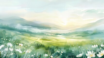 watercolor painting of a green field with majestic mountains in the background. Perfect for nature lovers and landscape enthusiasts - obrazy, fototapety, plakaty