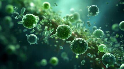 Microorganism rendering medical background, abstract microscopic world of bacteria or viruses