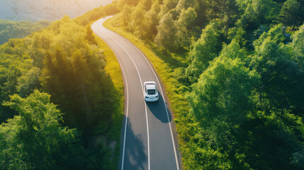 Electric car on the road in the countryside, driving on sunny day near forest on green hills. Modern white automobile on clean energy. Traveling by car. Eco-friendly technology, sustainable life