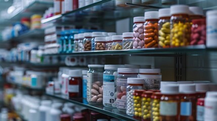Fototapeta na wymiar Pharmacy Counter Display: Assorted Prescription Medications in Close-Up