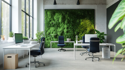 Sustainable office, green interior for working, coworking place, desks with computers, renewable energy in office, spacious room with plants, modern office with moss wall