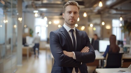 Mission and values: the leader and the basics of his business approach. A respectable, handsome, serious man in a confident pose looks straight into the camera. The Power and Authority of Entrepreneur