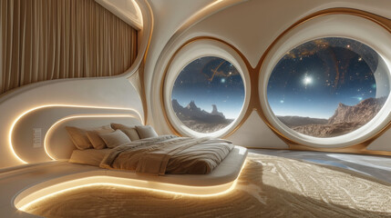 Luxurious futuristic hotel on planet in outer space, moon residence in future. Hotel bedroom with illuminator, view of extraterrestrial landscape, space with galaxies and stars, interstellar tourism