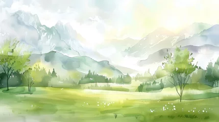 Poster watercolor painting of a green field with majestic mountains in the background. Perfect for nature lovers and landscape enthusiasts © JovialFox
