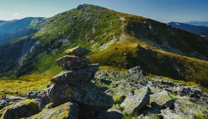 stones and boulders on the grassy alpine hillside mountainous carpathian landscape of ukraine in summer on an sunny day