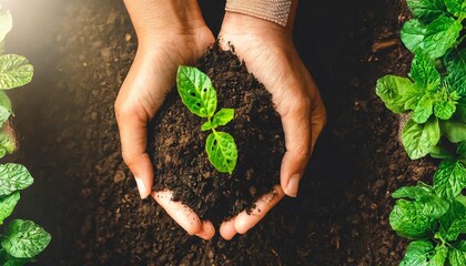 woman hands holding green seedling sprout over soil top view copy space new life eco sustainable living zero waste plastic free earth day investment concept gospel spreading - obrazy, fototapety, plakaty