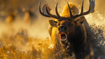 Angry elk at the edge of the forest. - obrazy, fototapety, plakaty