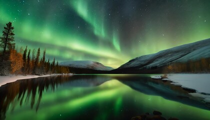 northern lights reflected on lake lapland finland scandinavia europe - obrazy, fototapety, plakaty