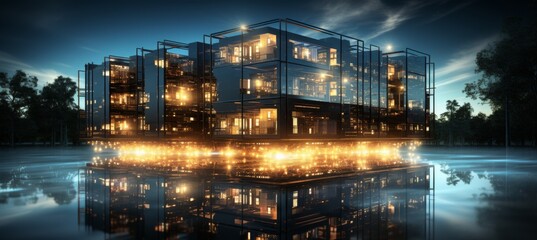 Fototapeta premium a futuristic city with illuminated buildings seamlessly merging with a digital circuit board, depicting the integration of urban infrastructure and technology
