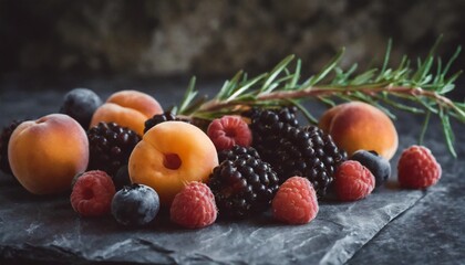 culinary gray marble slate background with rosemary grapes blackberries raspberries and apricots...