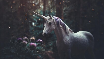 Obraz na płótnie Canvas meeting with a unicorn in an enchanted forest where instead of flowers are crystal