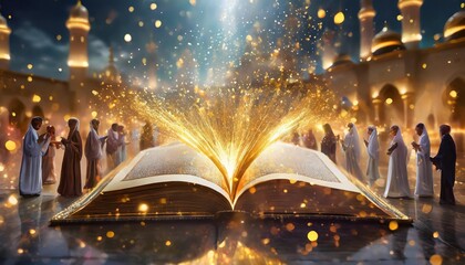 people stand around an open book and worship it golden sparks fly out of the book religion and...
