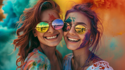 Cheerful friends lesbian girls at the festival of colors Holi