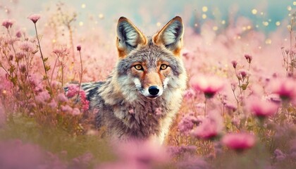 vintage and retro photo of a coyote in a pink field postcard with coyote in a dreamy landscape with flowers in vintage style wild animal concept