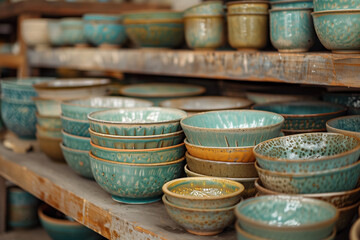 Ceramic bowls and pots in a pottery workshop. Background image. Created with Generative AI technology.