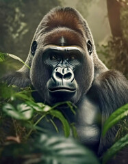 Obraz premium Portrait of a Slverback gorilla sitting in the misty jungle or forest.