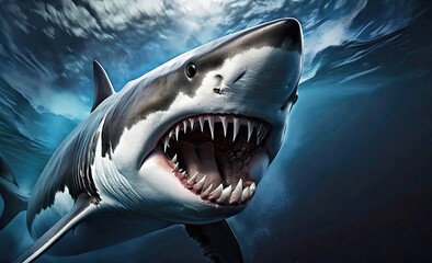 Frontal portrait of a great white shark attack.