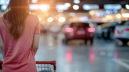 back of woman with shopping cart move and look for her car in car parking area of shopping mall with soft focus and lighting blur background - obrazy, fototapety, plakaty