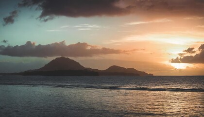 Naklejka na ściany i meble panoramic view on beautiful colorful sunset over sea phillipines islands