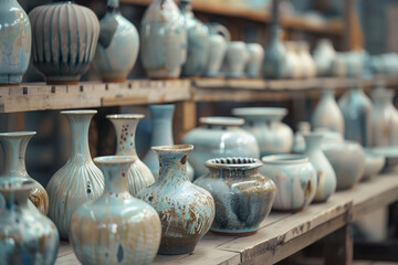 Ceramic vases and pots in a pottery workshop. Background image. Created with Generative AI technology. - obrazy, fototapety, plakaty