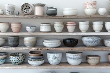 Fototapeta na wymiar Ceramic bowls and pots on a shelf. Background image. Created with Generative AI technology.