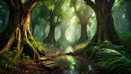 a beautiful fairytale enchanted forest with big trees and great vegetation digital painting...