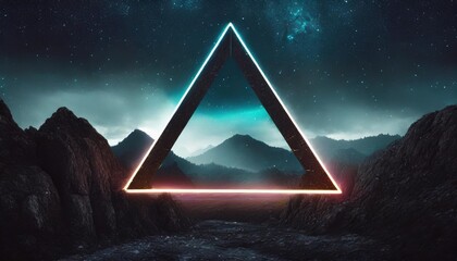 abstract neon background with geometric triangle shape beautiful frame and extraterrestrial landscape under the night sky and rocks futuristic minimalist wallpaper created with generative ai - Powered by Adobe