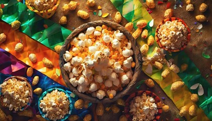 brazilian festa junina party background with popcorn peanuts and colorful banners top view flat lay