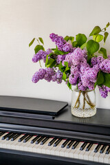 there is a lush bouquet of lilacs in a jar on a black surface