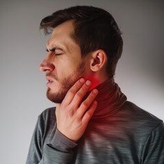 Fototapeta premium Person is experiencing a sore throat, depicting the discomfort and irritation of a throat ailment, medical attention for soothing relief and recovery, discomfort, colds disease virus bacteria