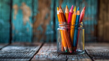 Colored pencils in glass jar on table - obrazy, fototapety, plakaty