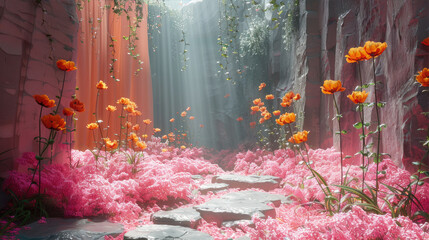 Mystical Blossoms in Tranquil Oasis, Cascading Waterfalls, Serene Nature Scene