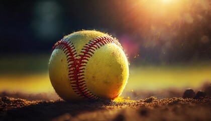 close up of a softball with shallow depth of field and the sun shining on horizzon