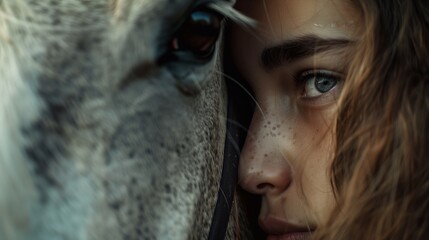 A young girl at an equestrian school developed a strong friendship with her horse. Relationships between humans and animals. Extremely close-up portrait of a woman's face and a horse's muzzle - obrazy, fototapety, plakaty