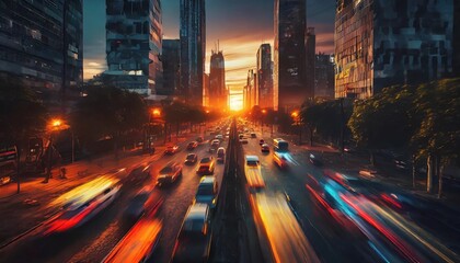 Fototapeta na wymiar traffic jam in the city at sunset generative ai