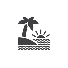 Palm tree, sea waves and sun vector icon