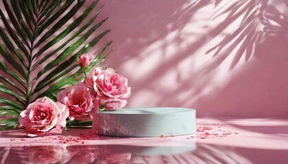 3d podium display pastel pink background with rose flowers glass wall and palm leaf shadow minimal pedestal for beauty cosmetic product valentine feminine copy space template 3d render