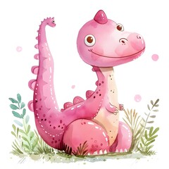 Cute pink dinosaur, watercolor clip art