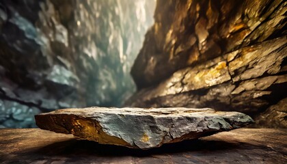 a rock mineral product display shelf showing a rough texture to the platform with a blurred ancient...