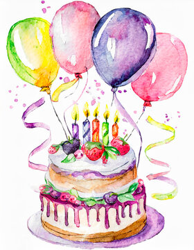 Birthday greeting card template with watercolor ballons and cake