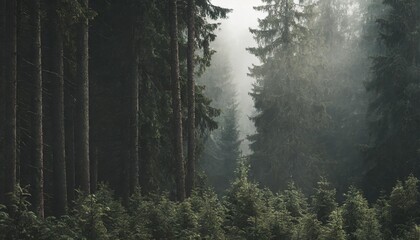panoramic sunny spruce forest with with thick undergrowth and morning fog - obrazy, fototapety, plakaty