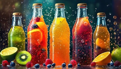 lots of bottles of cold fruit water tea or sodas with large drops of condensation on them a refreshing drink illustration for cover interior design brochure advertising marketing presentation