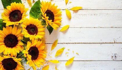 frame made of yellow sunflowers on white wooden background top view copy space beautiful fresh sunflowers yellow flowers bouquet harvest time farming agriculture autumn or summer floral background