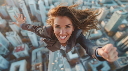 A smiling woman is skydiving above a cityscape, her hair blowing in the wind as she experiences the exhilaration of freefall. Her arms are outstretched