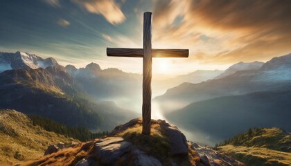 wooden cross at sunrise with mountain landscape crucifixion and resurrection of jesus christ