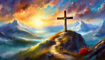 cross christian backgrounds inspirational cross christian wallpaper in the style of digital painting and drawing luminous landscape painting colorful cartoon generative ai - obrazy, fototapety, plakaty