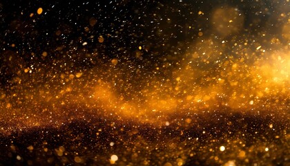 particules scintillantes et brillantes volant sur fond sombre noir lumiere orangee etoile paillette doree et flou cosmos univers espace fond pour banniere conception et creation graphique - obrazy, fototapety, plakaty