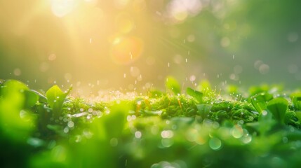 Close-up, nature textures, bright green colors of fresh grass, moss. Foggy natural background, dewy morning. Shallow depth of field. Selective focus. - obrazy, fototapety, plakaty