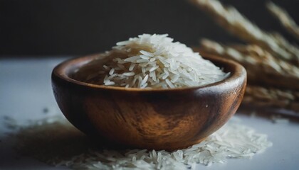 white rice thai jasmine rice in the wooden bowl with unmilled rice isolated on white background